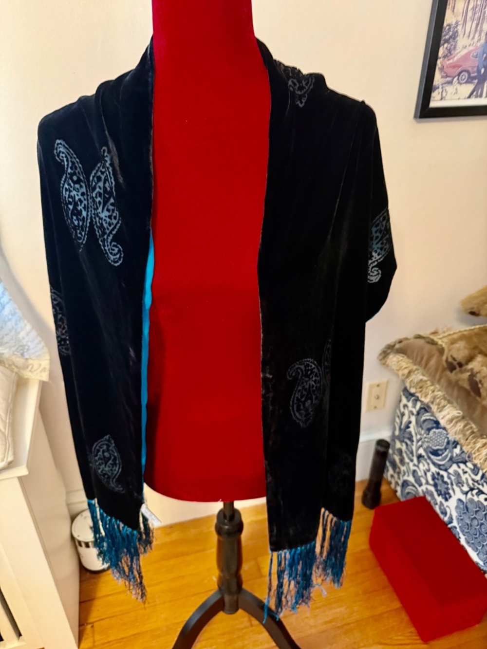 Elaine Gold Wms Black Velvet lined with Blue Shawl Scarf